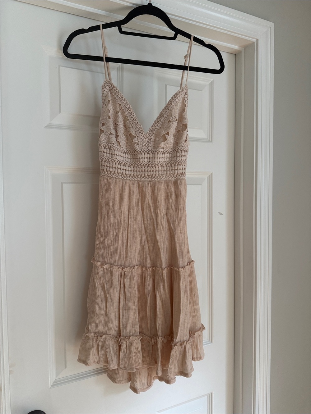 Light Beige Crochet Bodice Spaghetti Strap Mini Dress